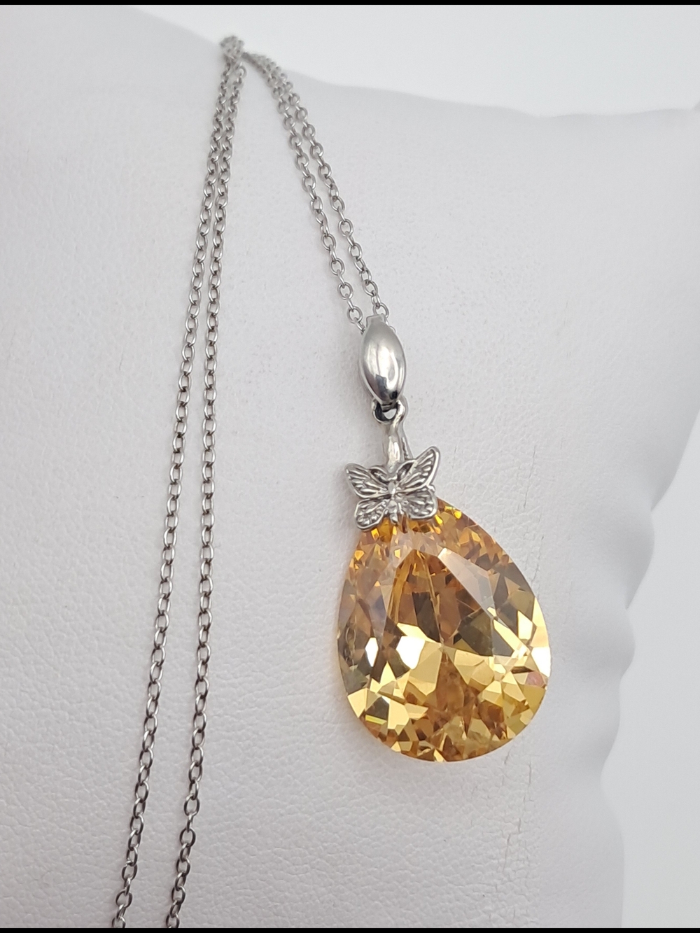 Pear Cut Yellow Citrine Pendant Necklace Butterfly Accent Sterling Silver Chain